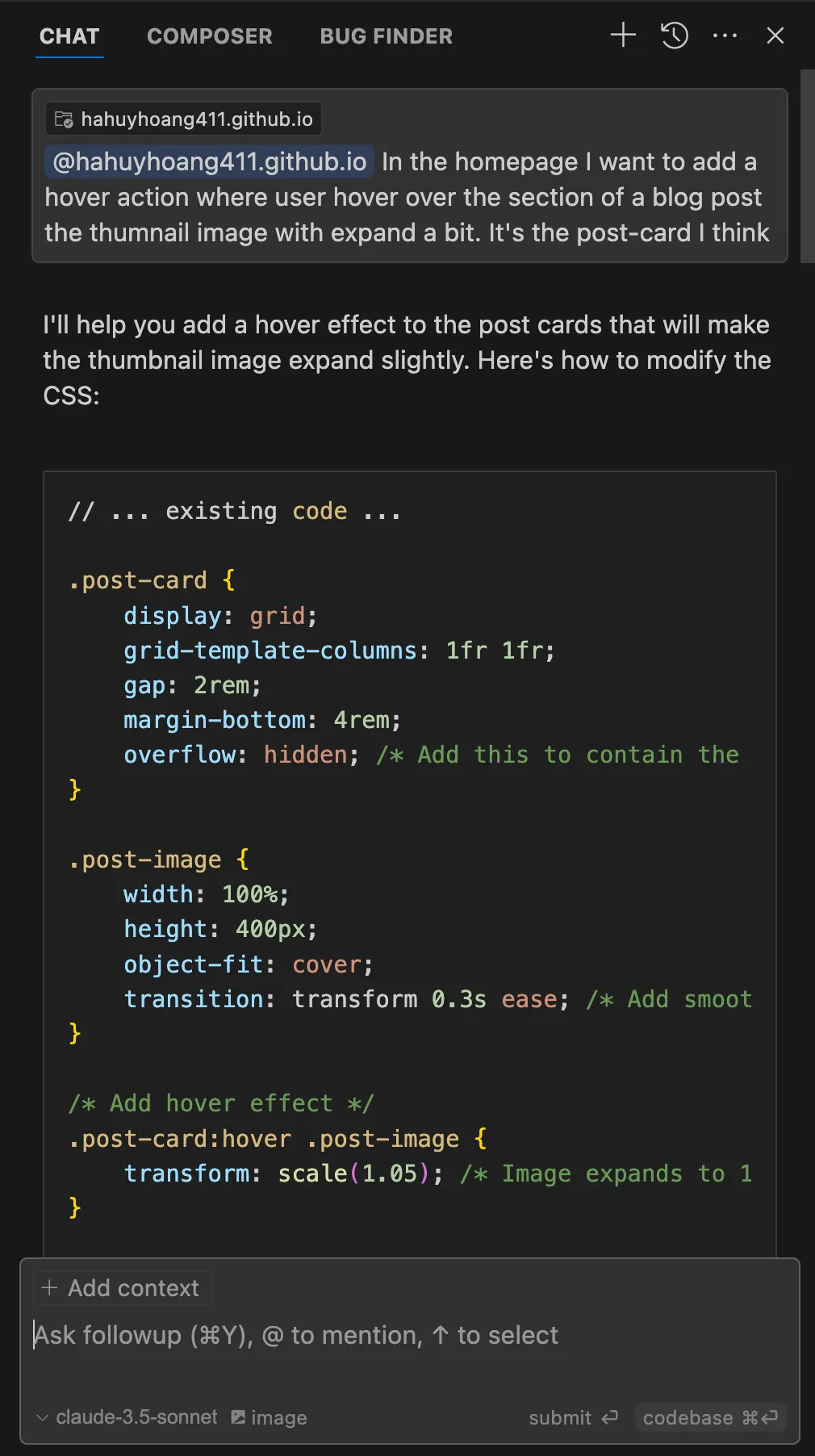 Asking Cursor to add hover effect